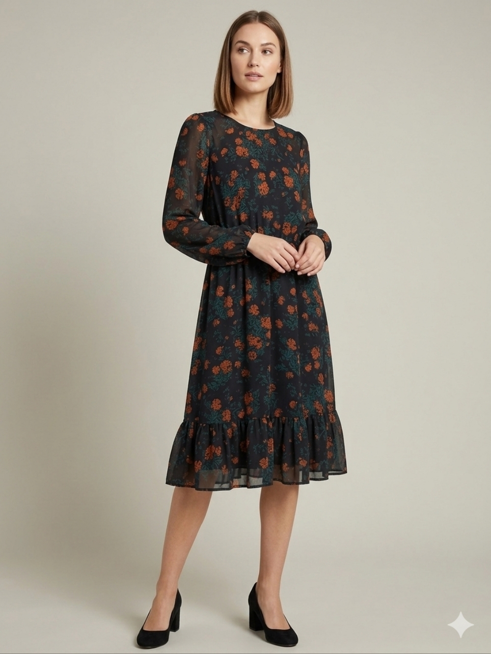 ModCloth Black Orange Floral Chiffon Long Sleeve Midi Dress